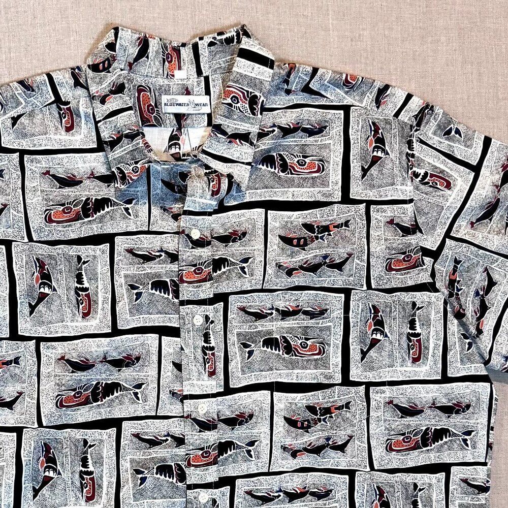 Vintage 90s AFTCO Bluewater Wear Fishing Shirt XXL Made in USA Tribal Fish Print